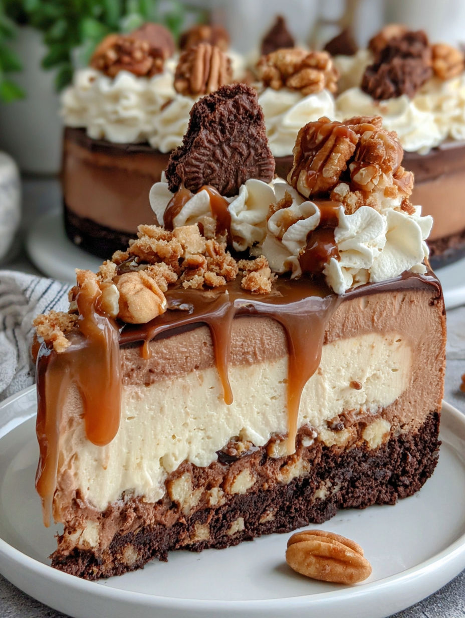 A slice of cake with a caramel drizzle.