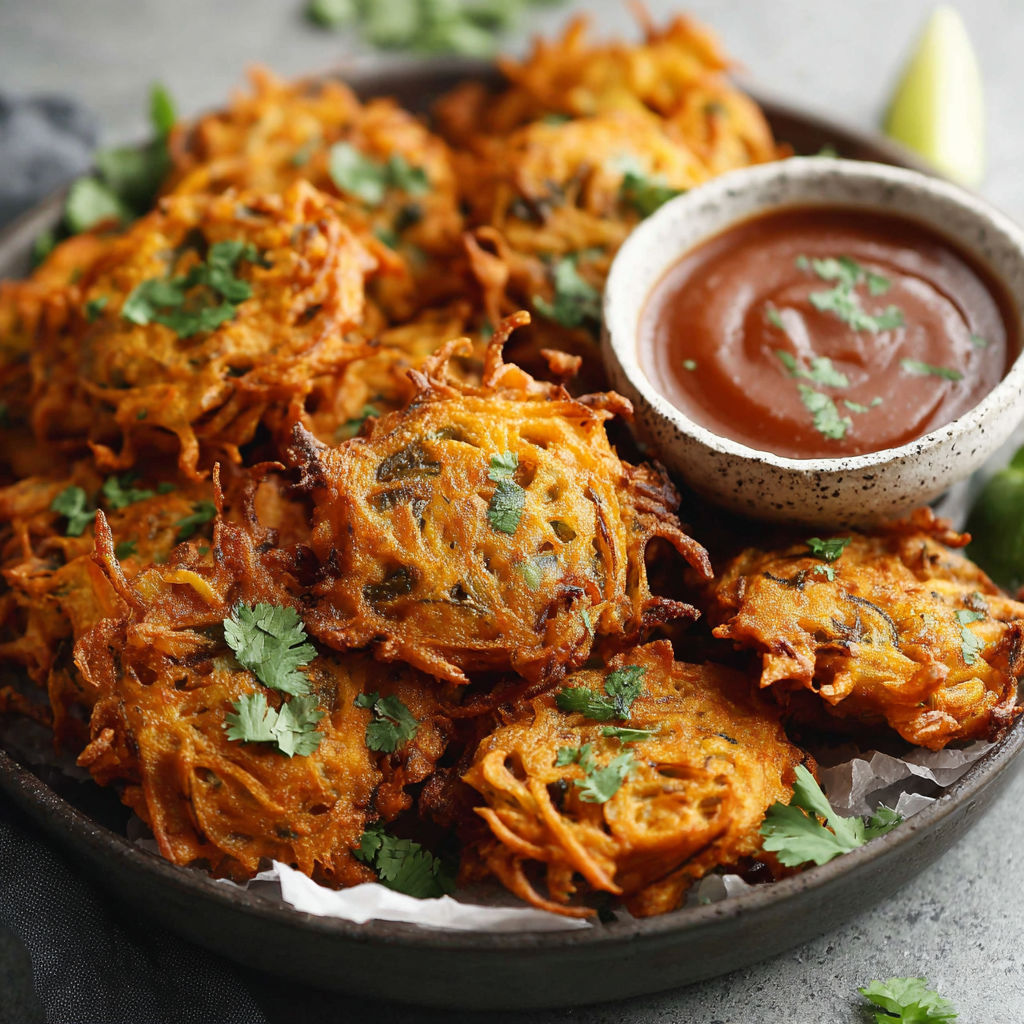A bowl of onion bhaji with a dipping sauce.