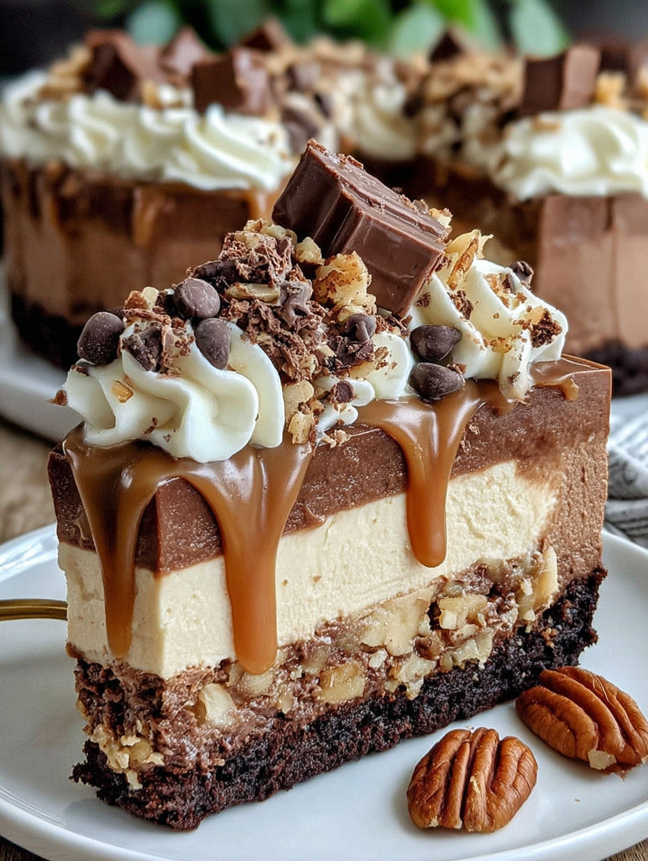 A slice of cake with chocolate and caramel drizzle.