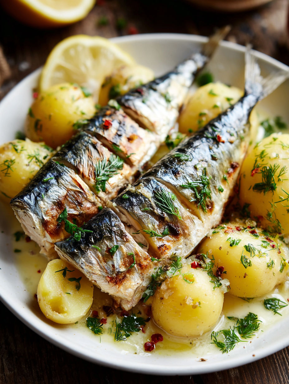 Geräucherte Makrele auf Kartoffelbett.
