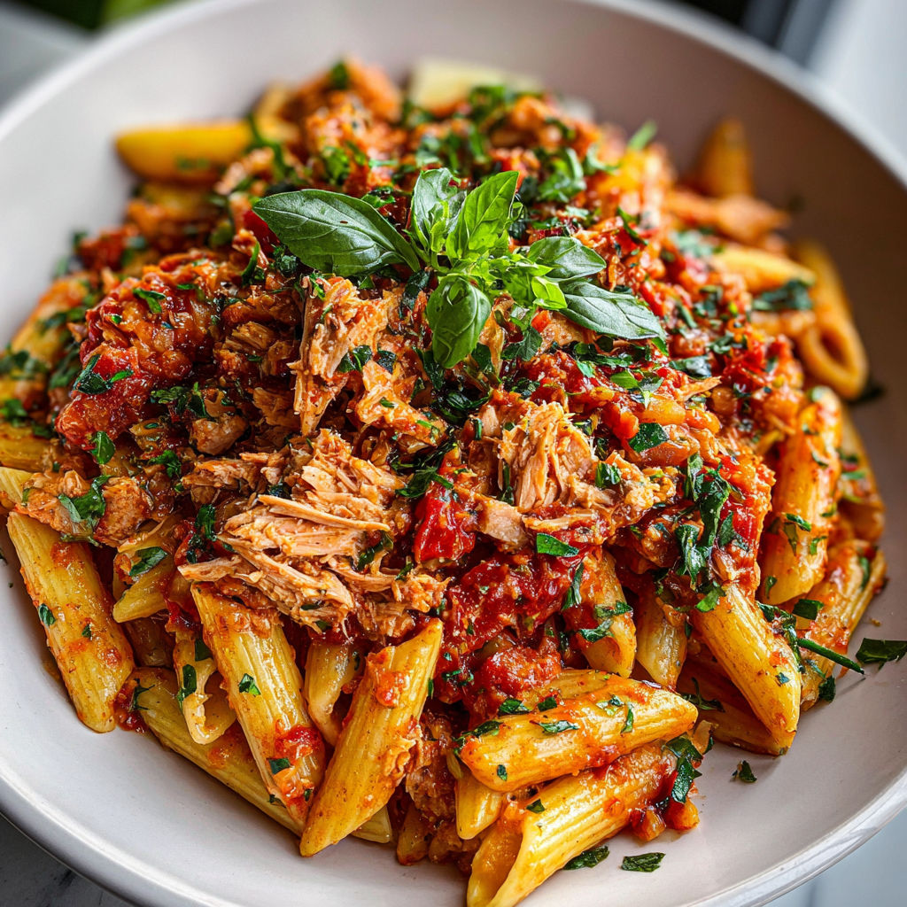 A bowl of pasta with chicken sauce.