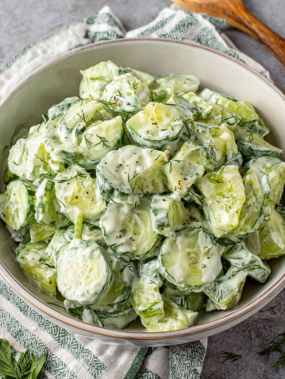 A bowl of cucumber salad with a white dressing.