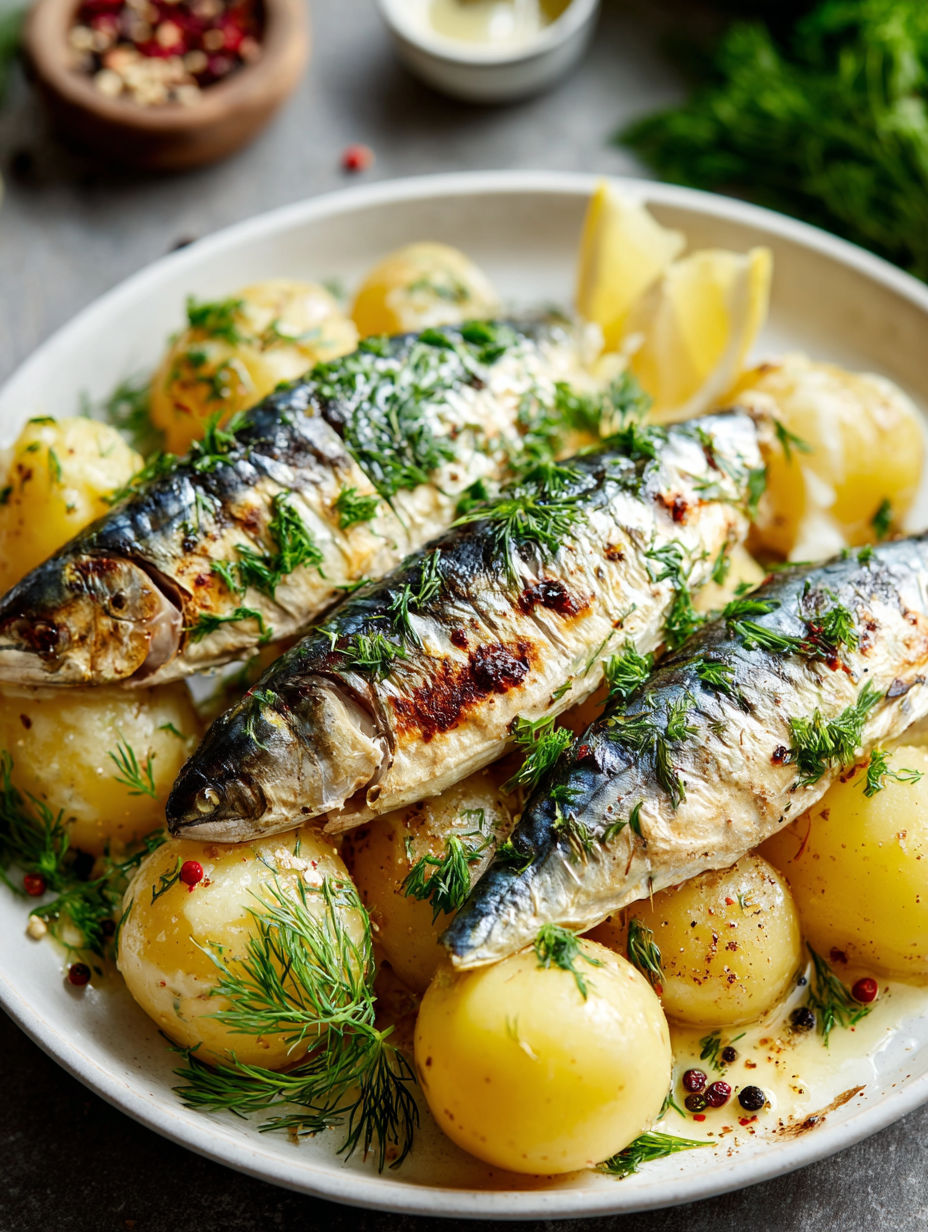 Geräucherte Makrele auf Kartoffelbett.