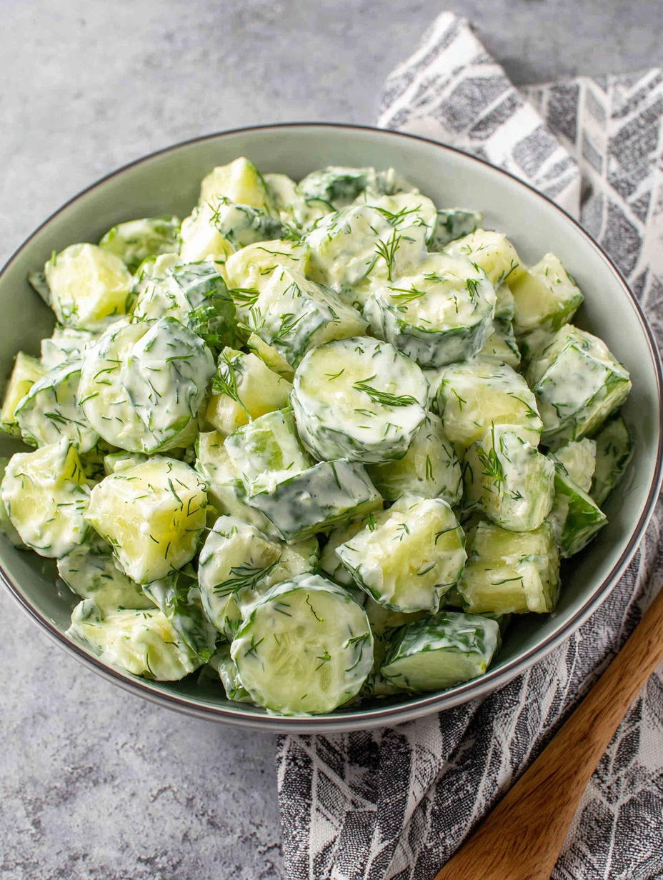 A bowl of cucumber salad with a creamy dressing.