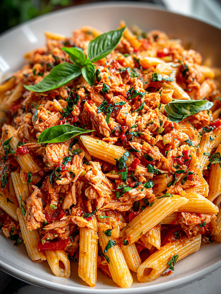 A bowl of pasta with chicken sauce.