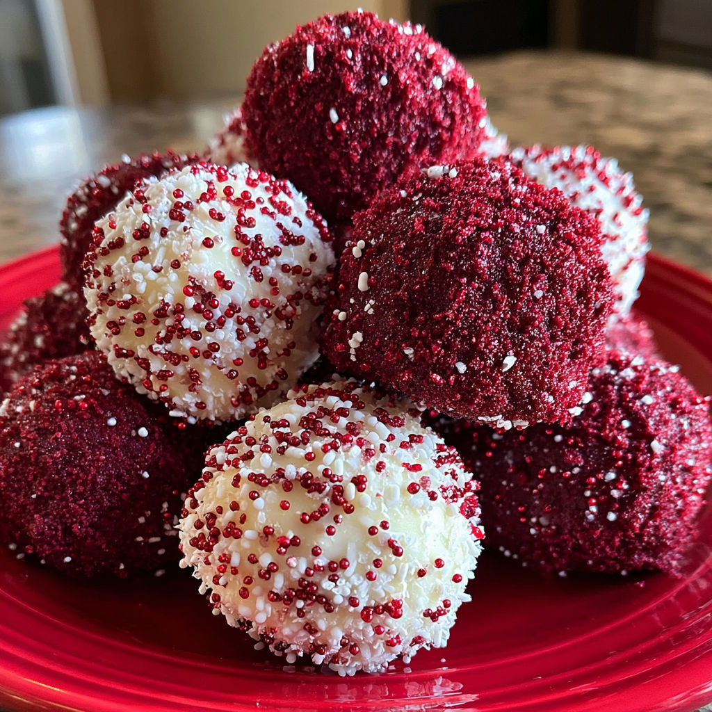 A plate of red and white cookies.