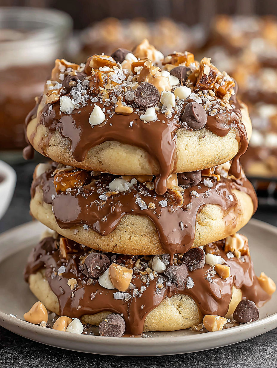 A stack of chocolate chip cookies with drizzled chocolate.