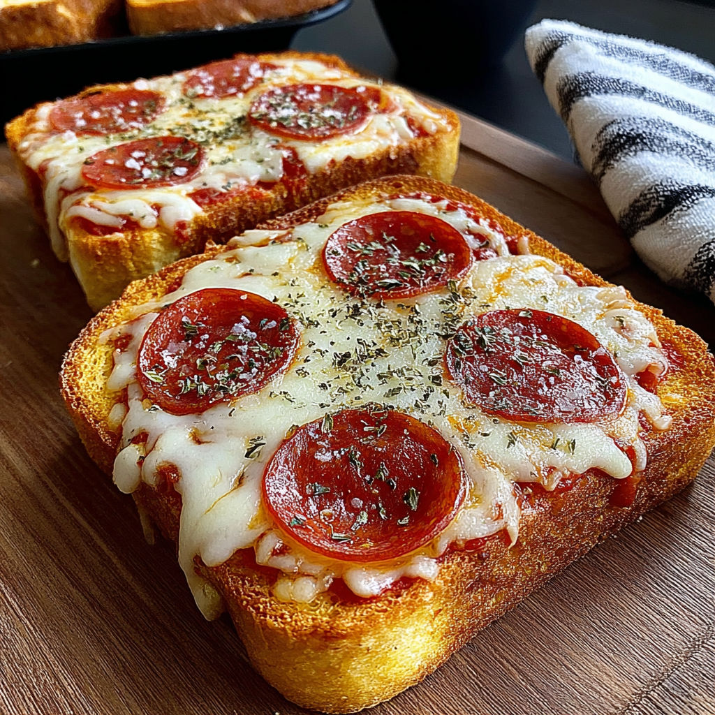 A slice of pizza toast on a wooden table.