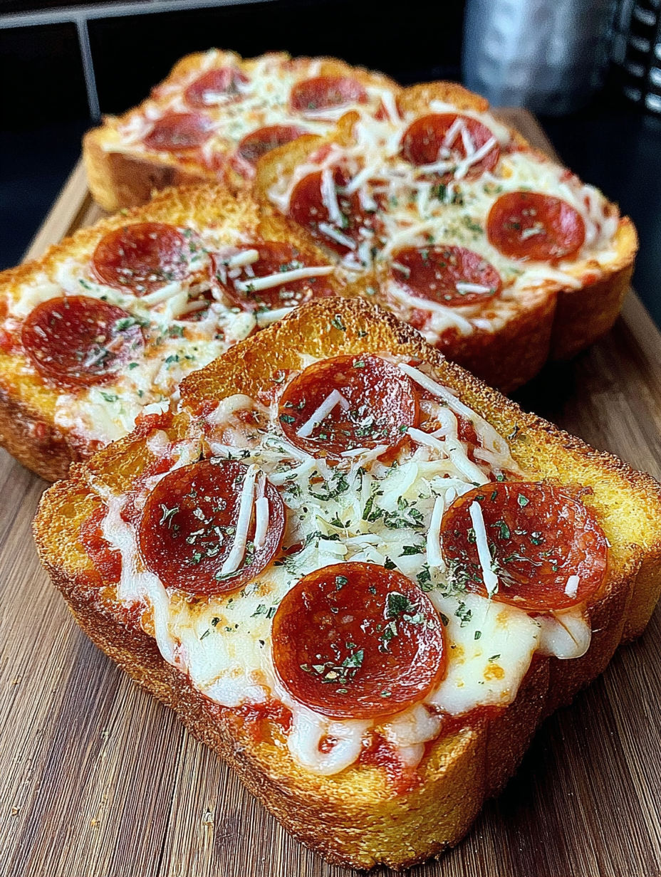 A slice of pizza toast on a wooden table.