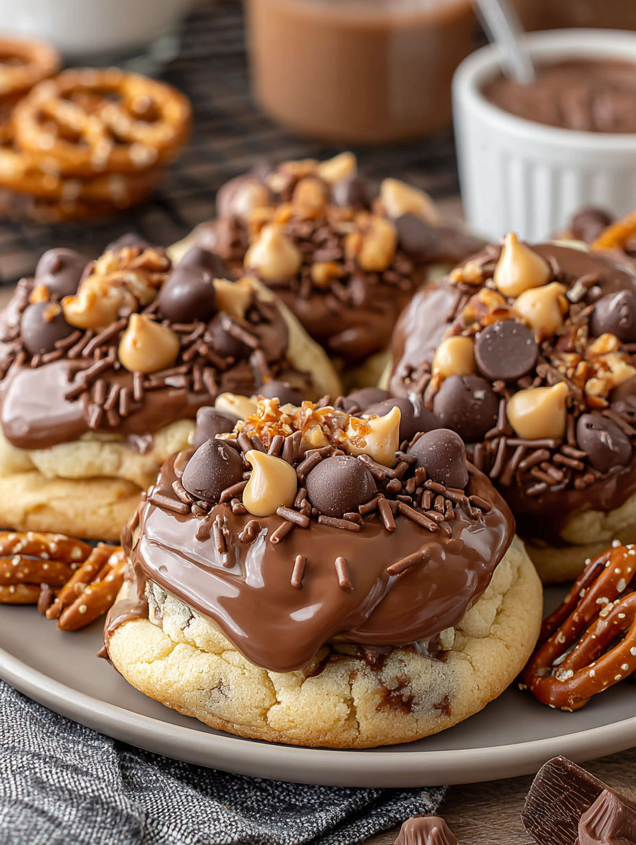 A plate of chocolate cookies with chocolate drizzle and nuts.