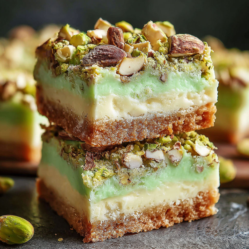 A close up of a slice of pistachio dream cookie bars.