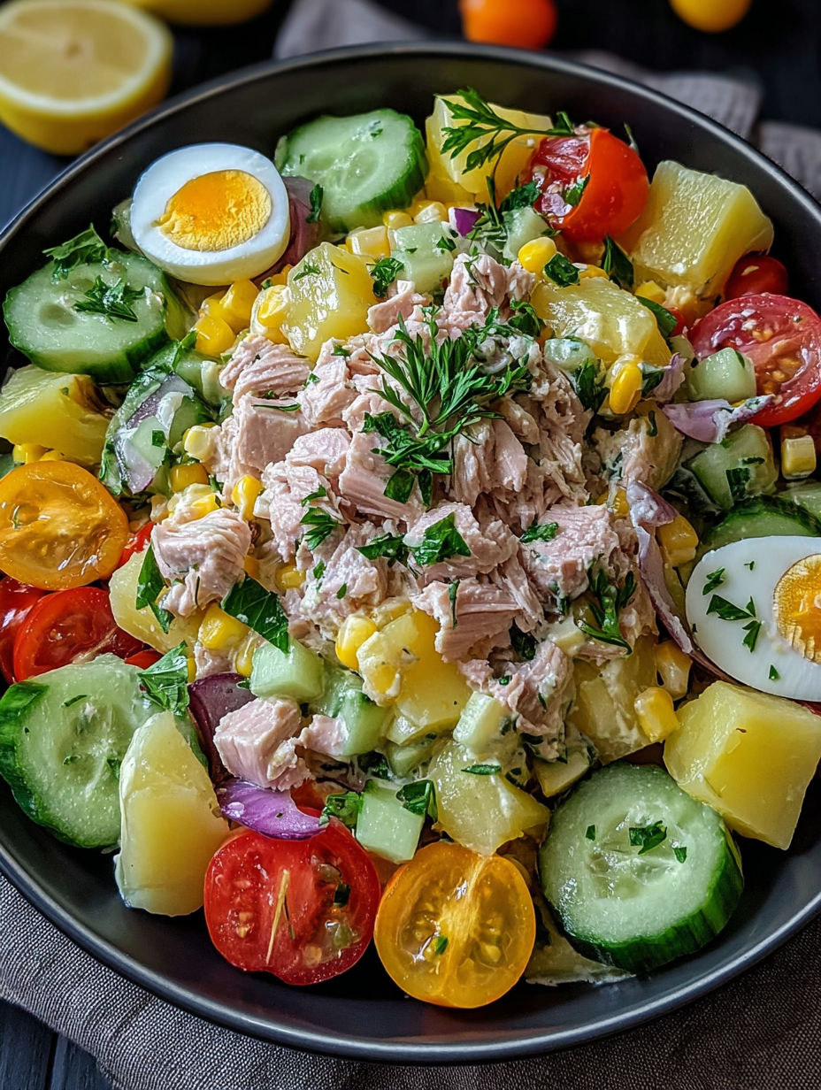 A bowl of food with eggs, corn, tomatoes, and cucumbers.