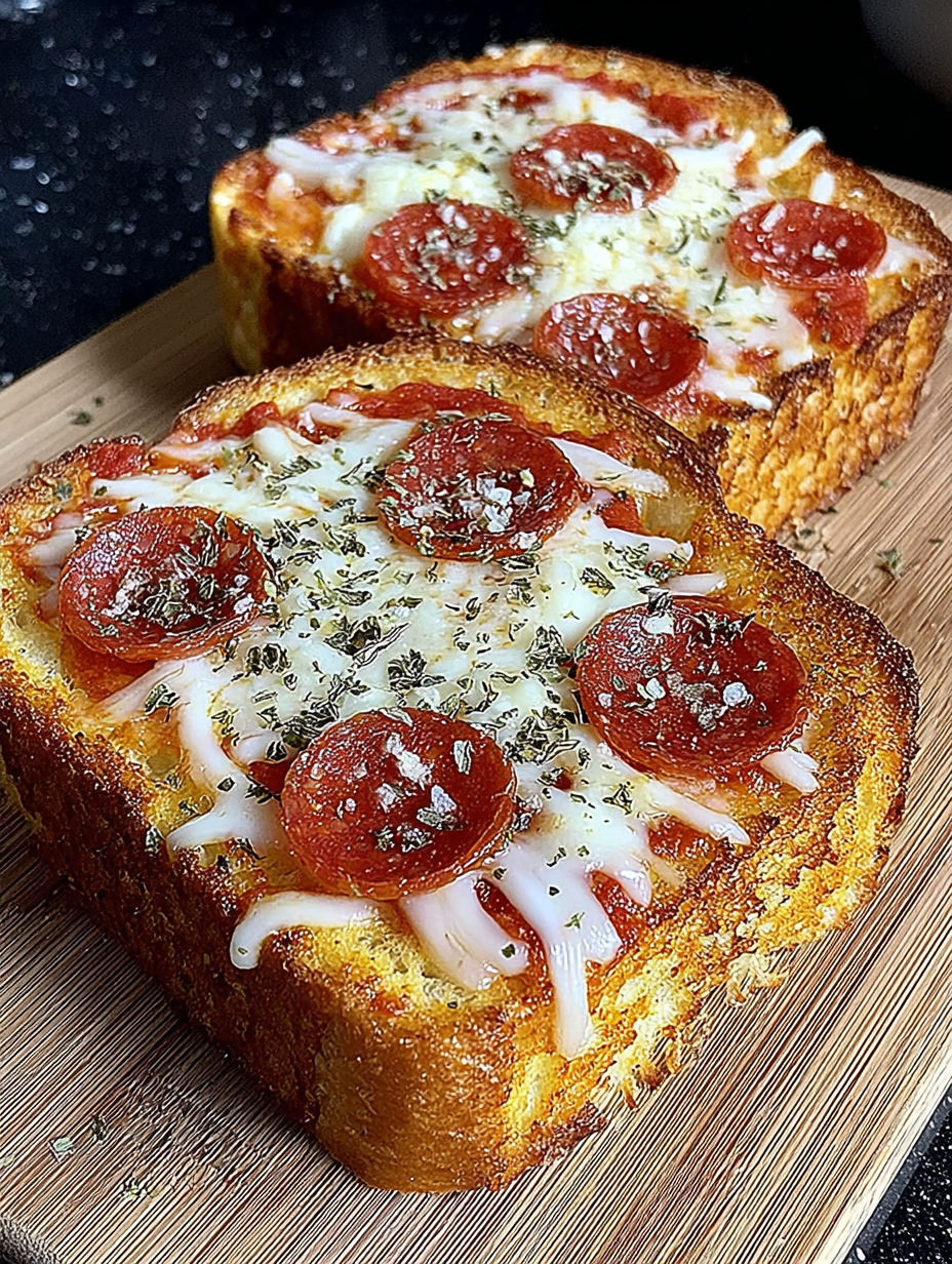 A slice of pizza toast on a wooden cutting board.