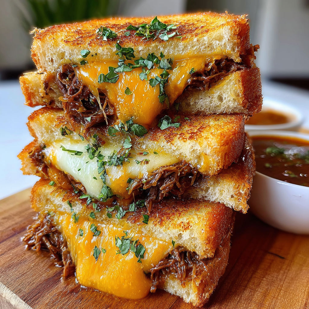 A stack of three grilled cheese sandwiches with meat in between.
