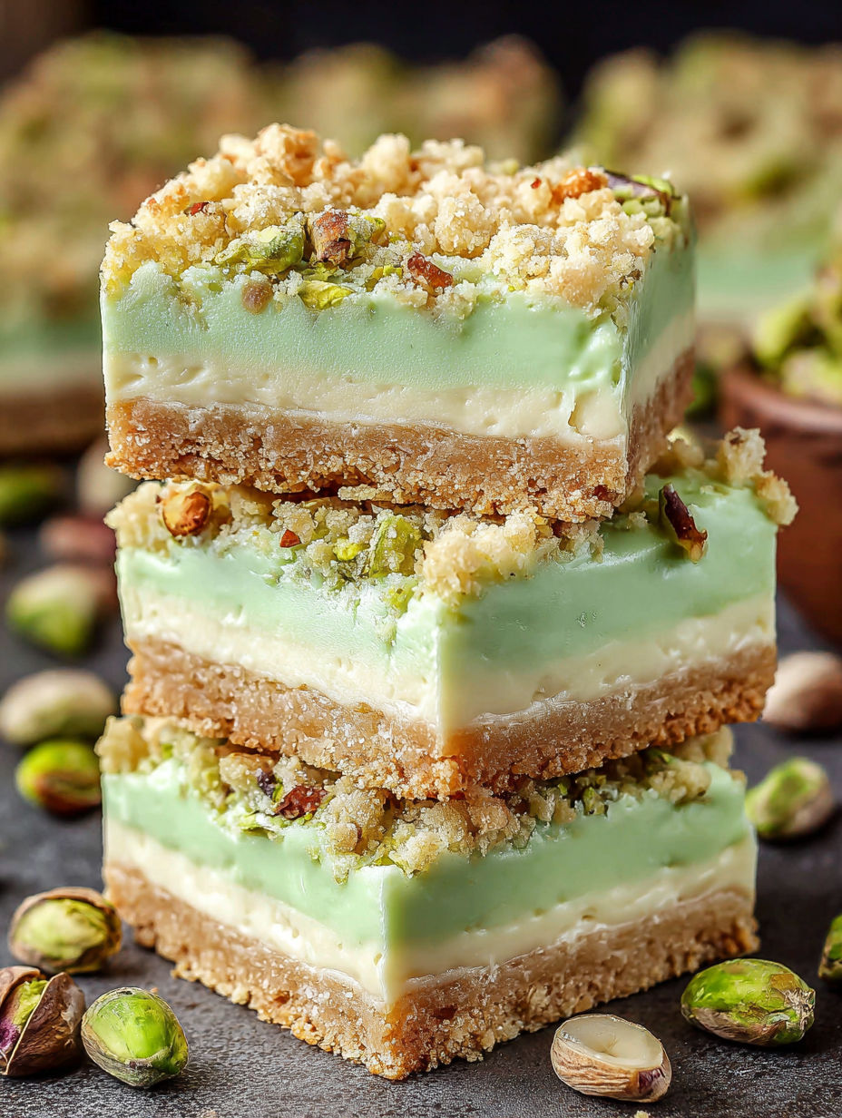 A stack of three square cakes with a green filling.