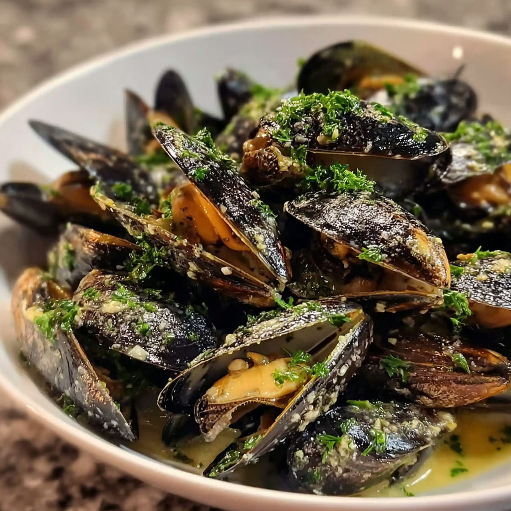 A bowl of mussels with herbs and spices.