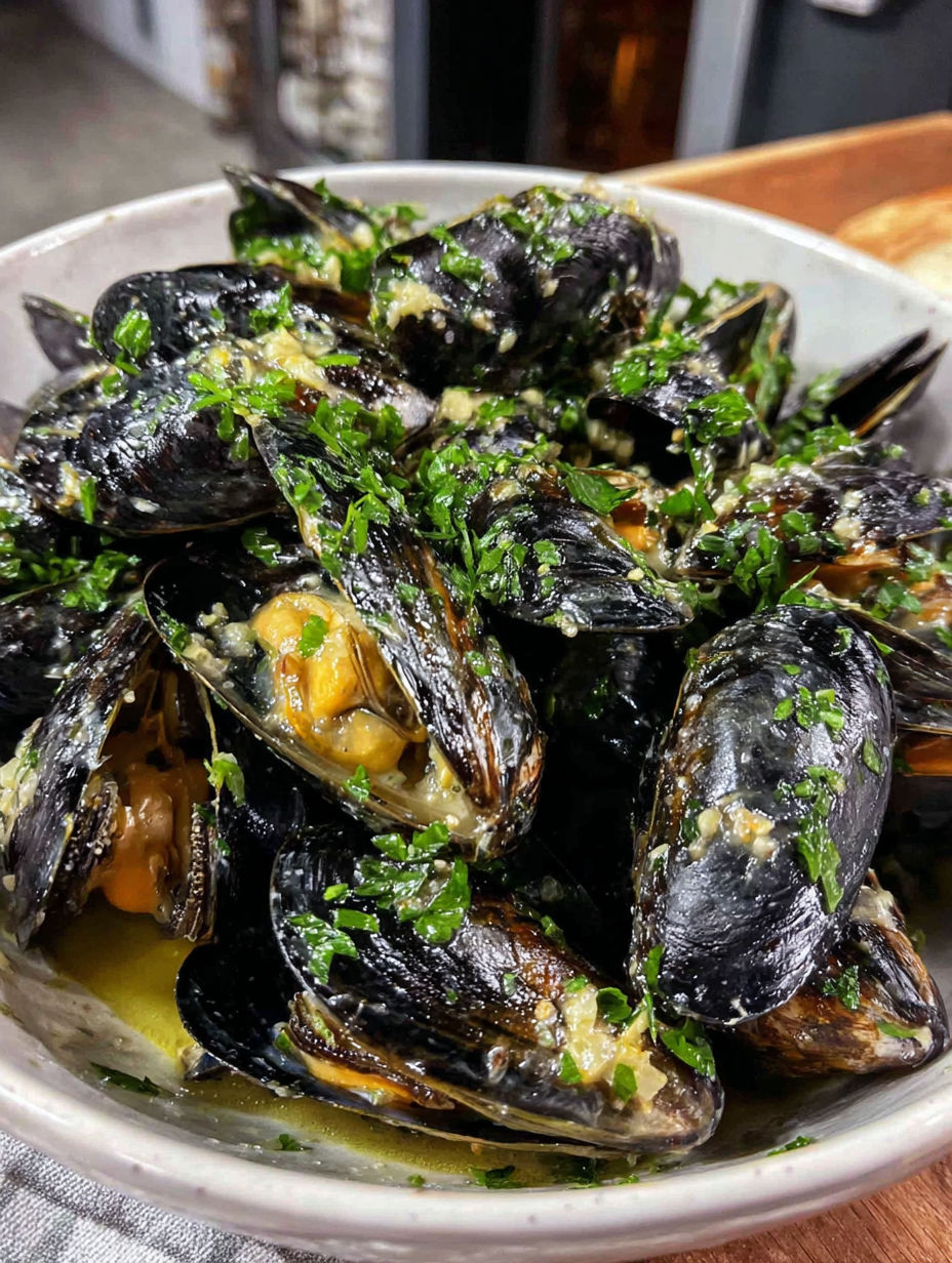 A bowl of mussels with a creamy sauce.