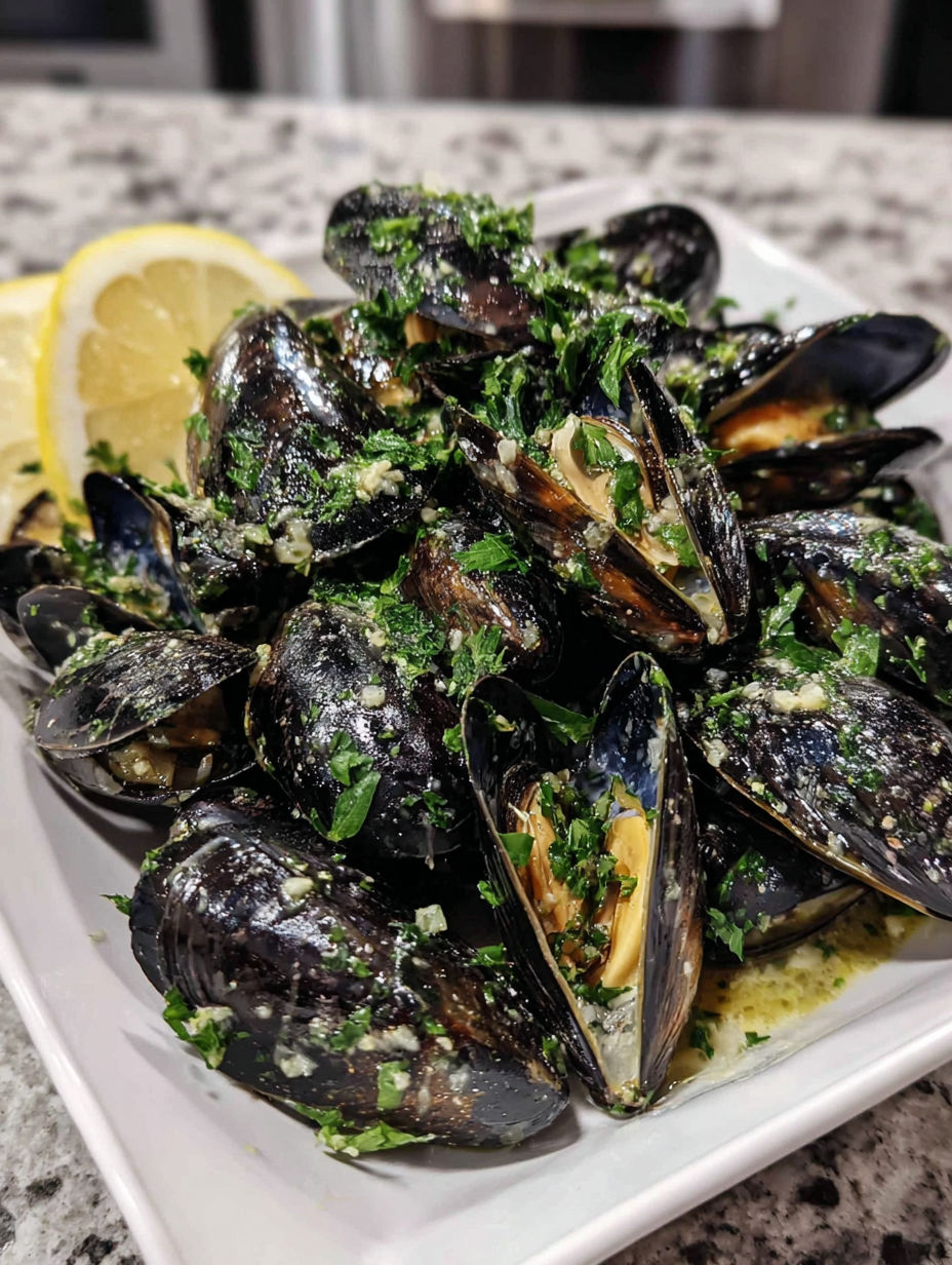A plate of mussels with a lemon wedge on top.