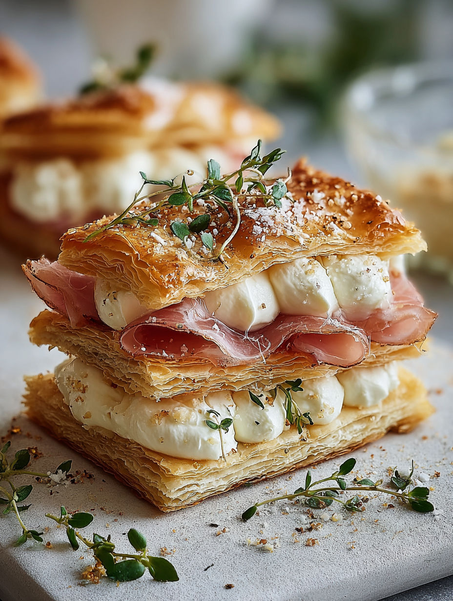 A stack of three sandwiches with cheese and bacon.