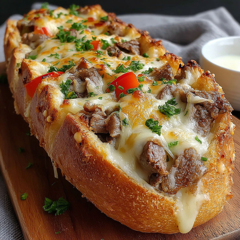 A delicious Philly Cheesesteak-Stuffed Garlic Bread Loaf.