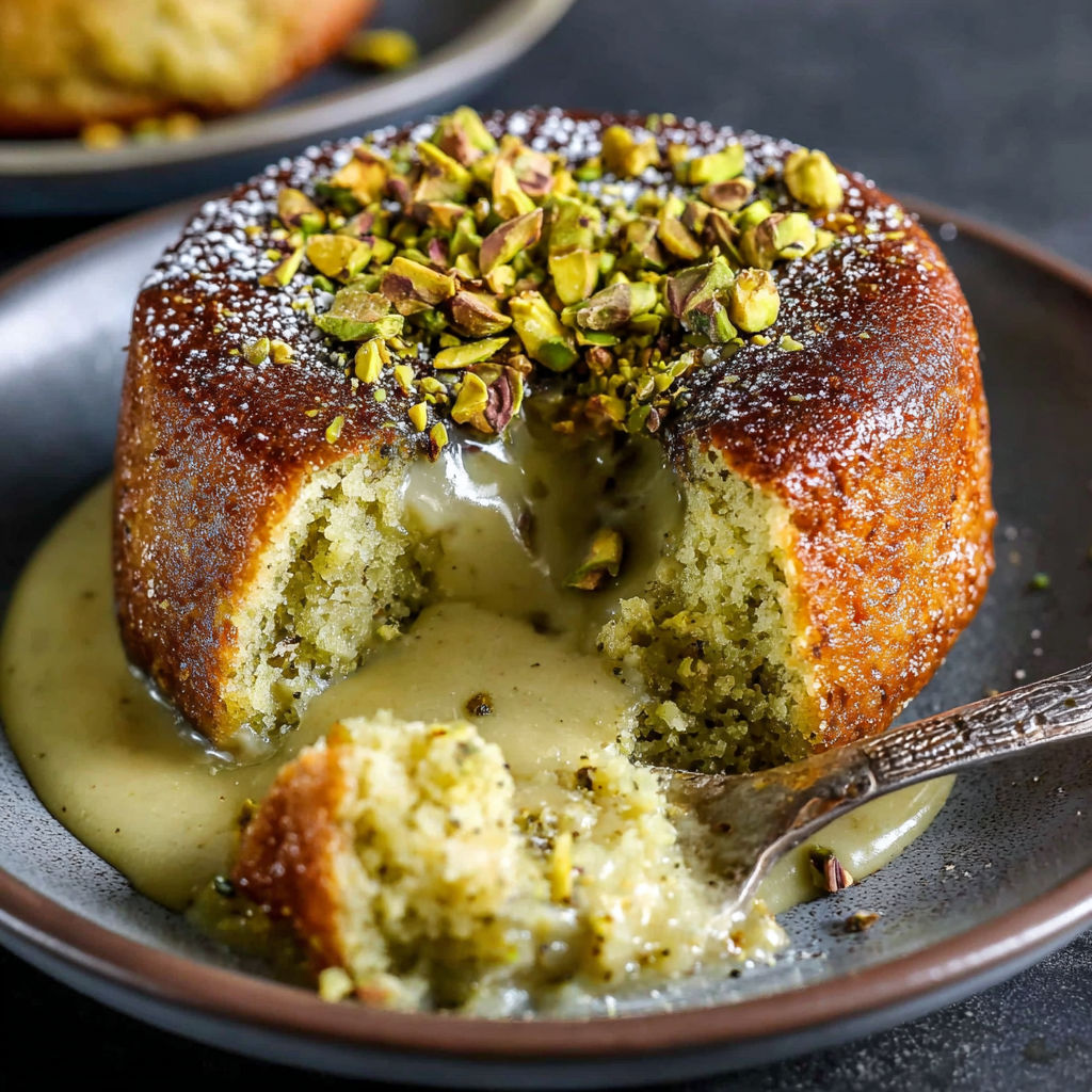A slice of pistachio lava cake with a spoonful of sauce.