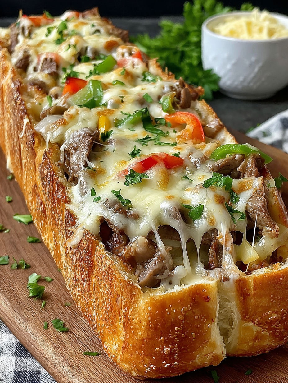 A sandwich with meat and cheese on a wooden board.