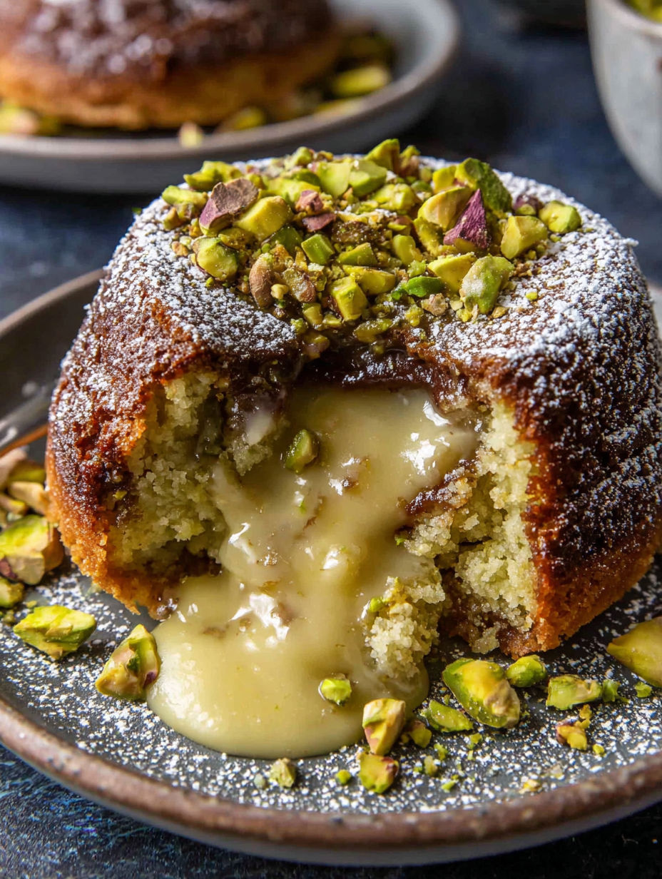 A slice of pistachio lava cake with a dollop of cream on top.