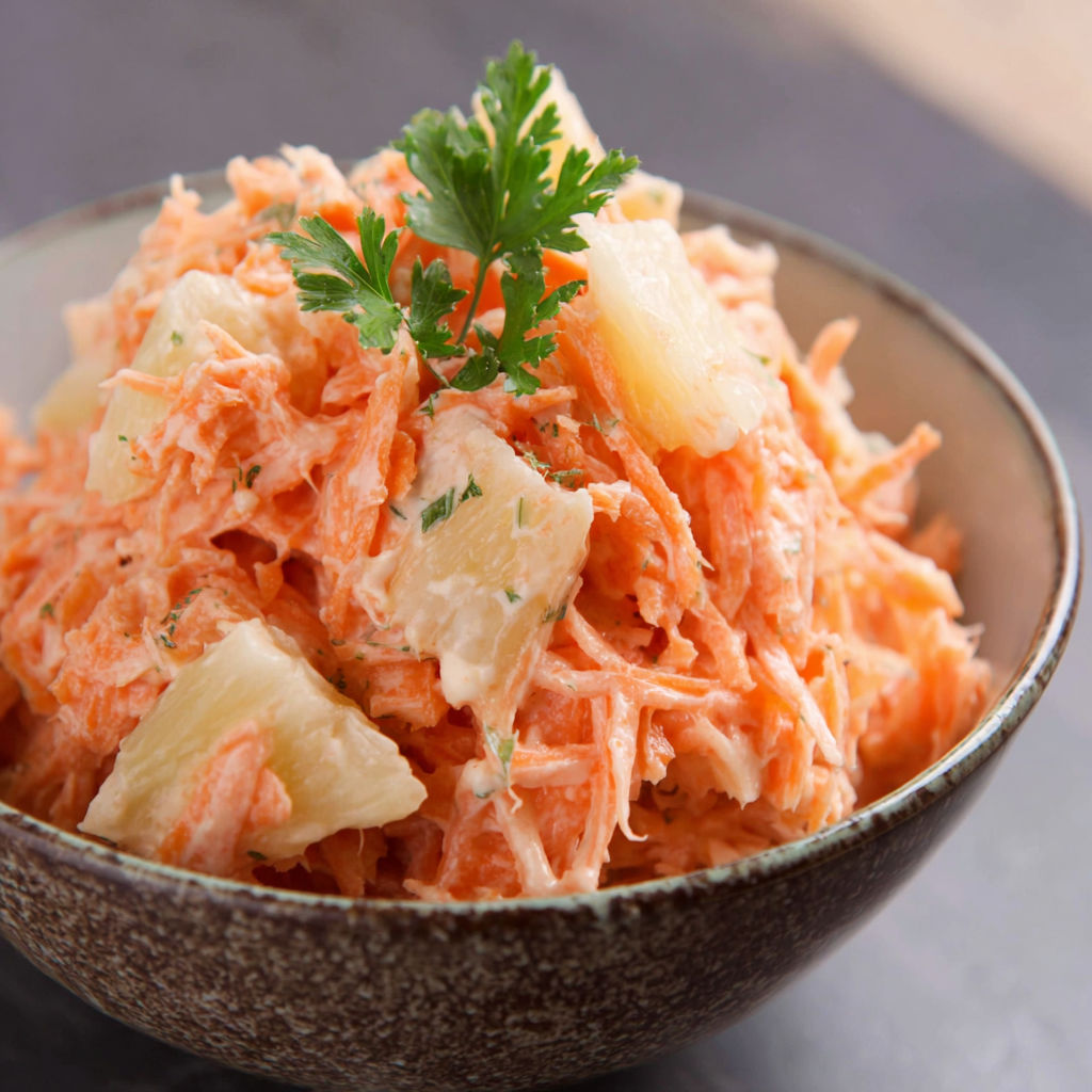 A bowl of shredded carrots with a sprig of parsley on top.