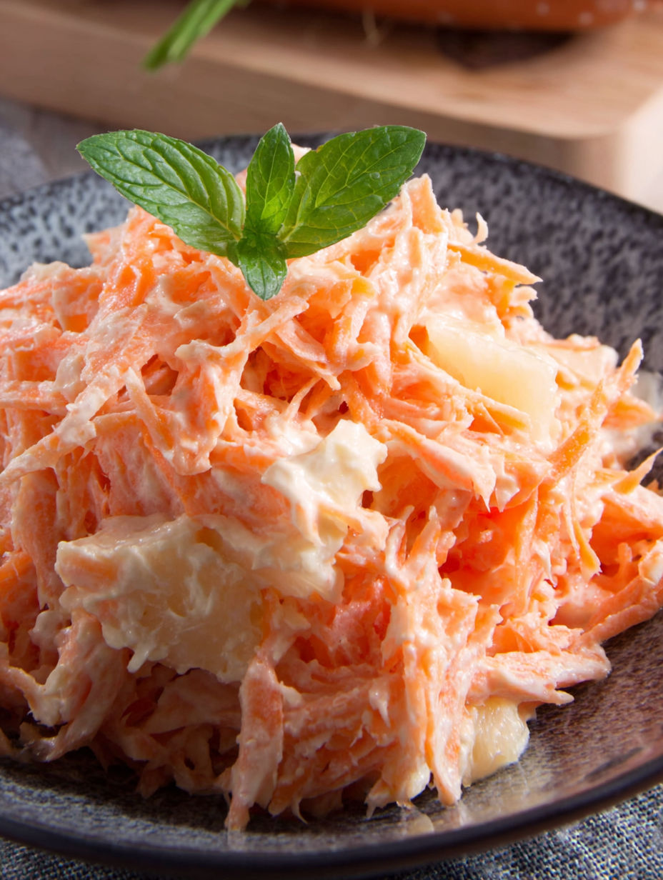 A bowl of shredded carrots with a green leaf on top.