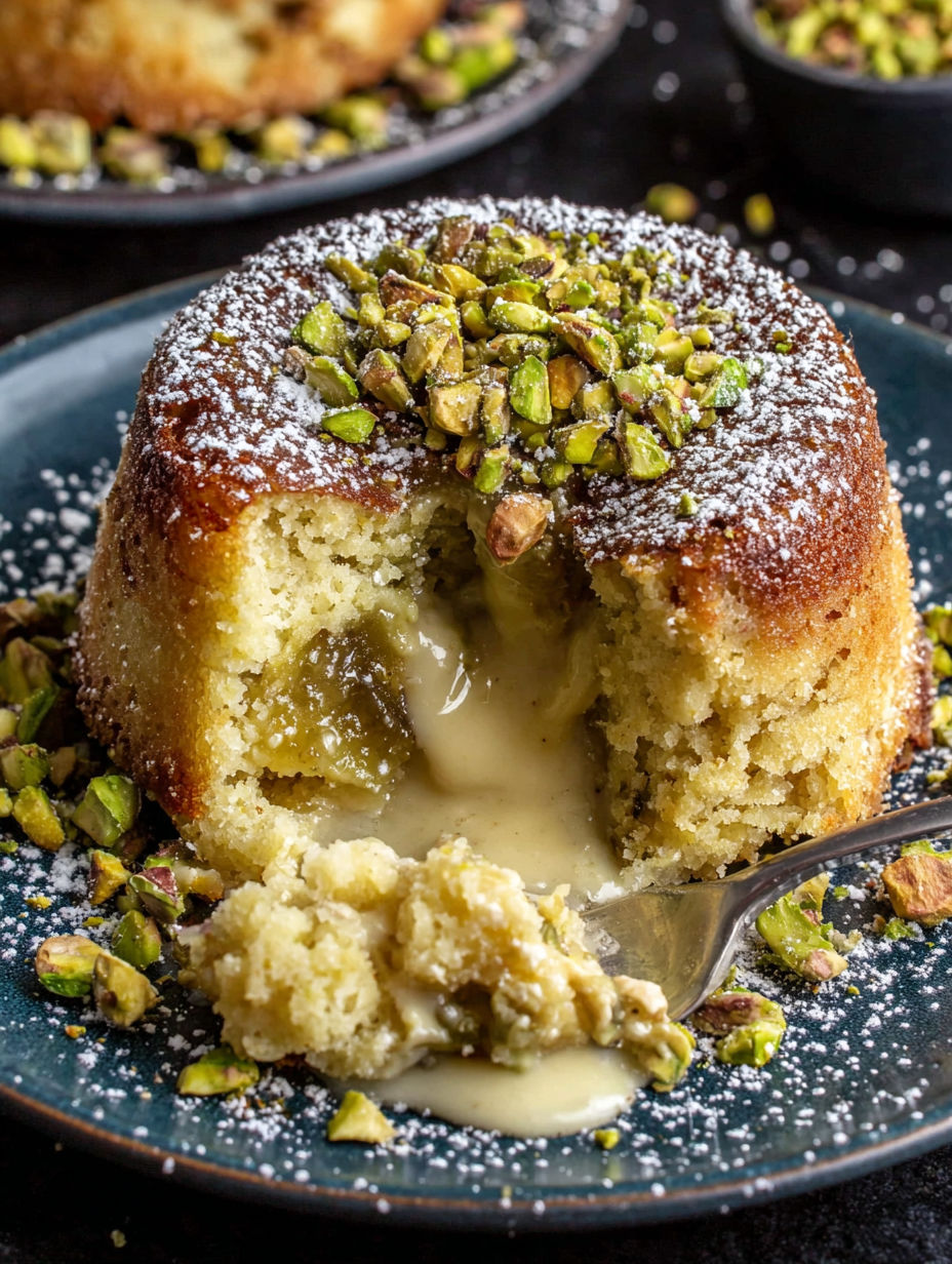 A slice of pistachio lava cake with a spoon in it.
