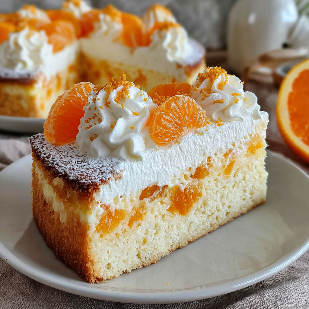 A slice of orange cake with white frosting and orange slices on top.