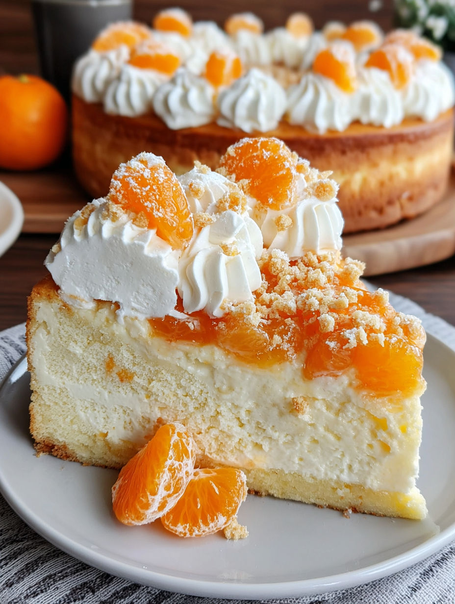 A slice of cake with orange slices on top.