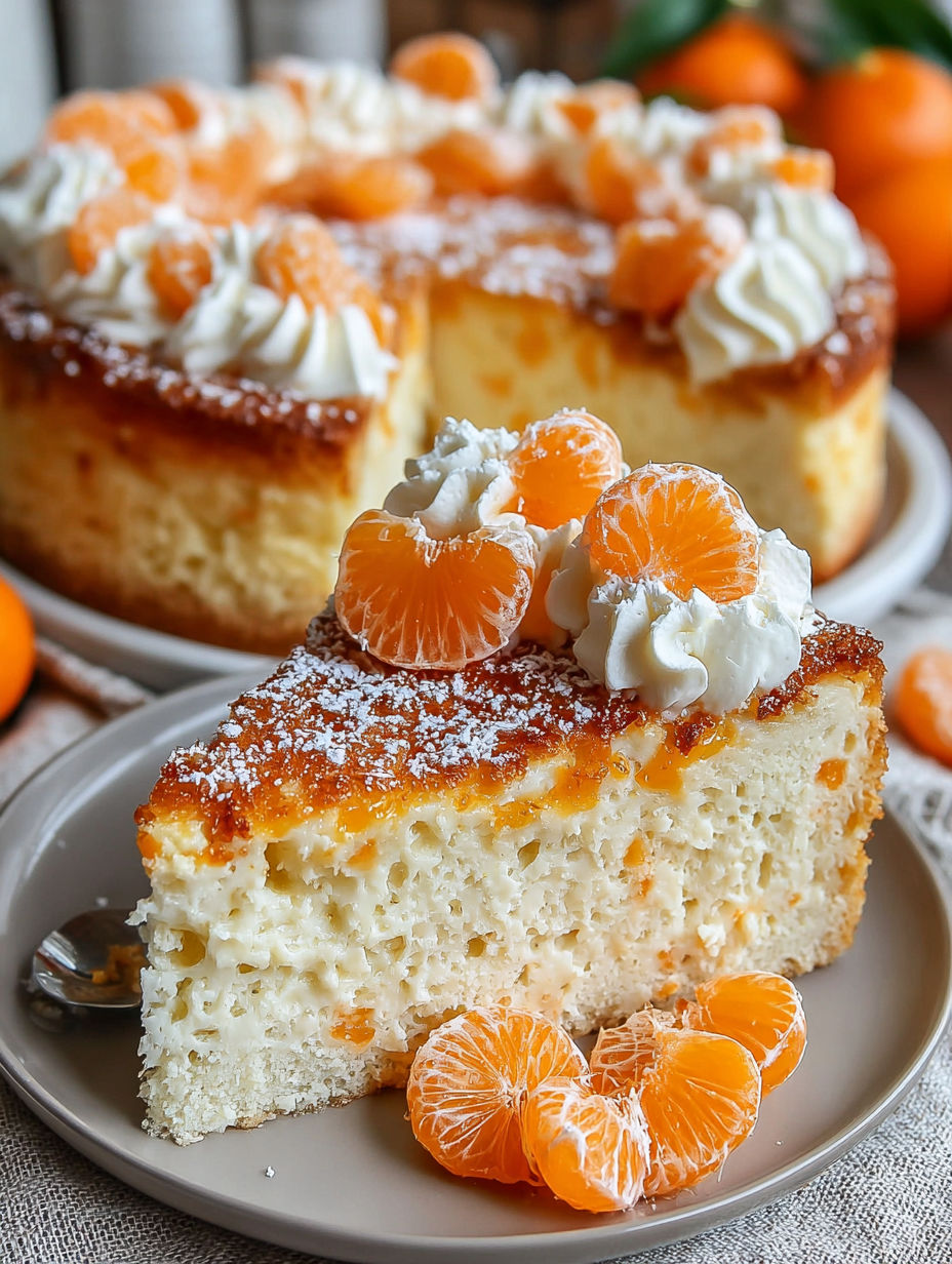 A slice of cake with orange slices on top.