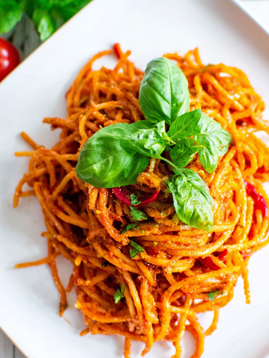 Spaghetti with basil and tomatoes.