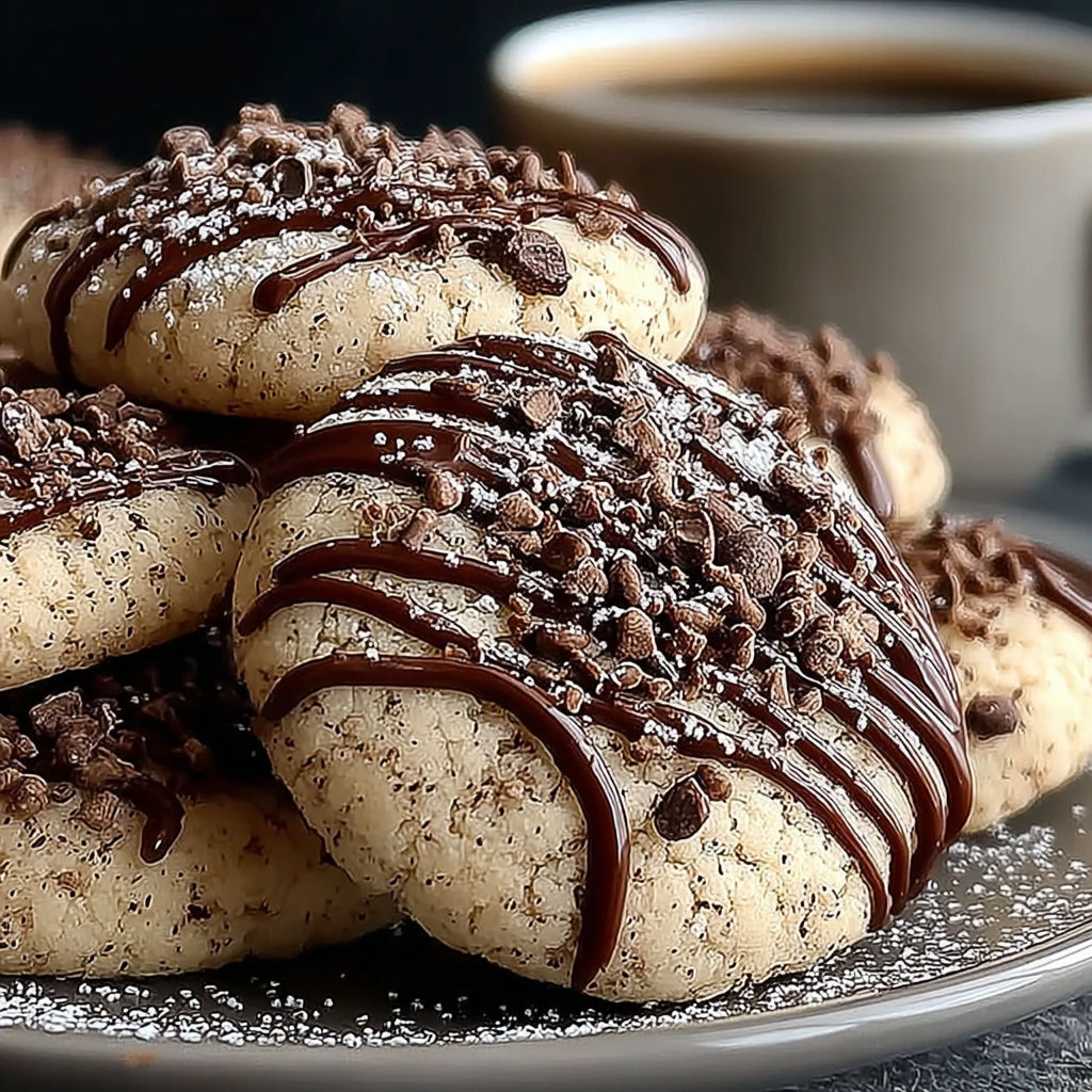 A plate of cookies with chocolate drizzle.