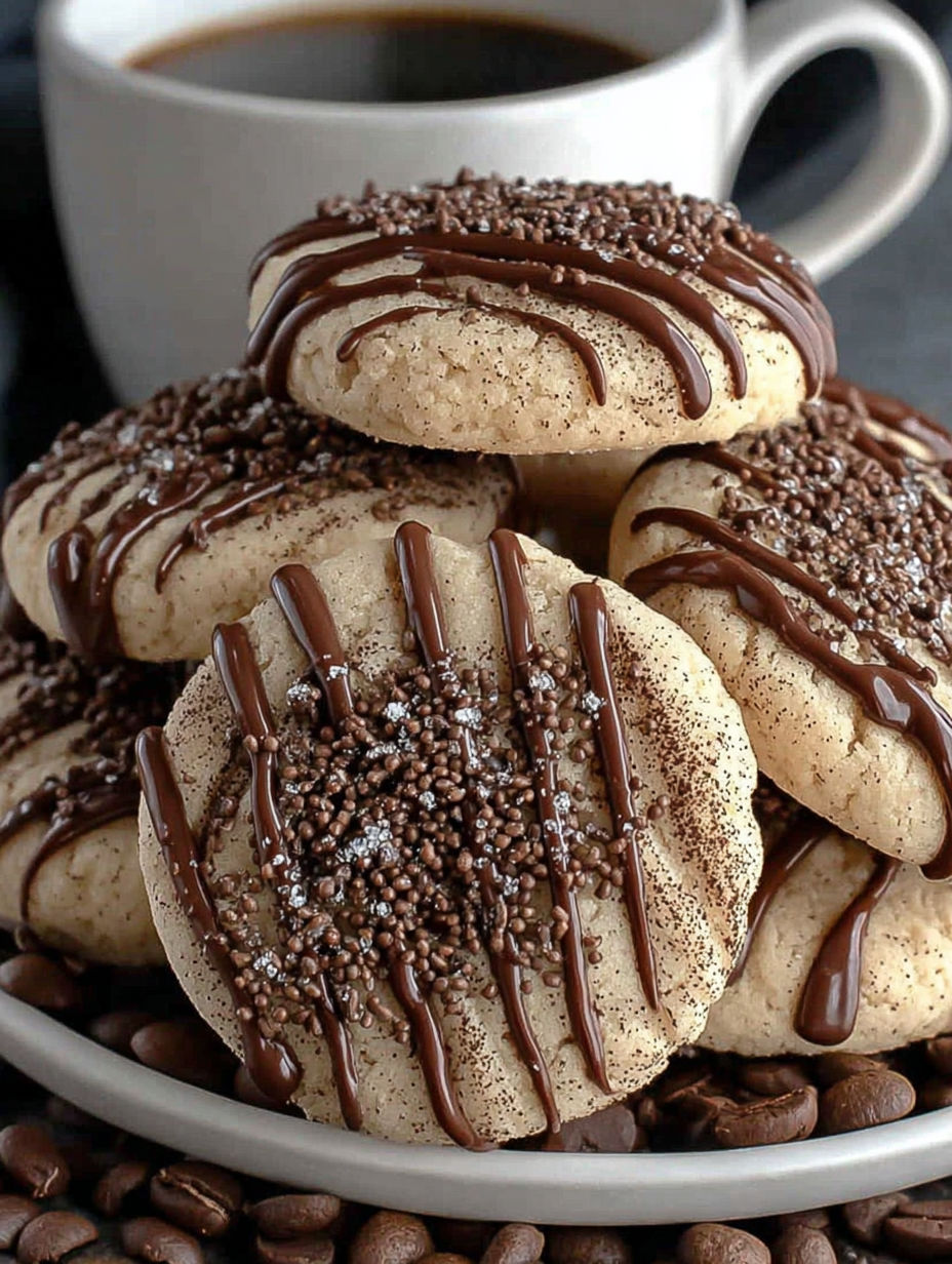 A stack of cookies with chocolate drizzle.