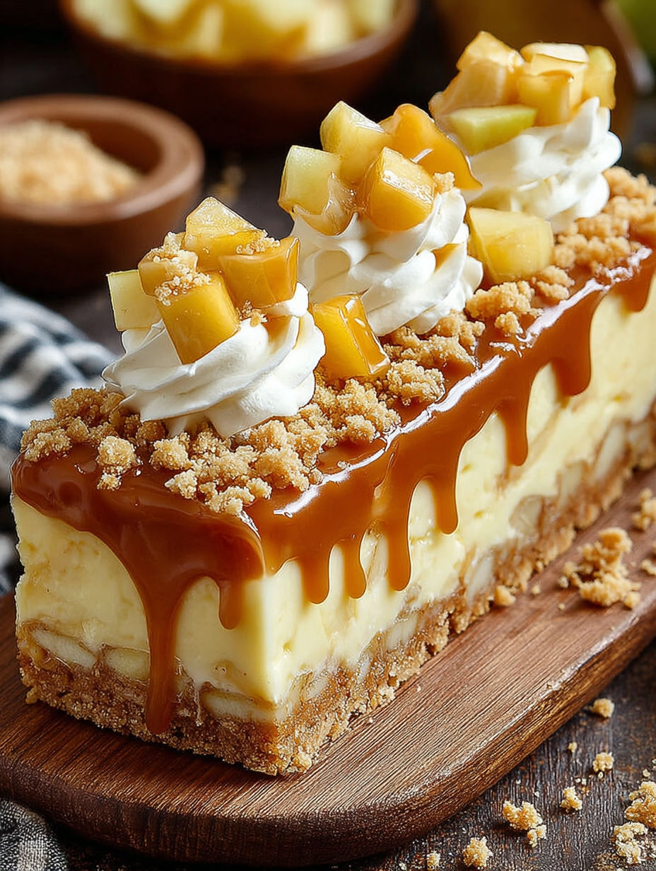 A slice of Karamell-Apfel-Käsekuchen-Riegel Einfach und Lecker.