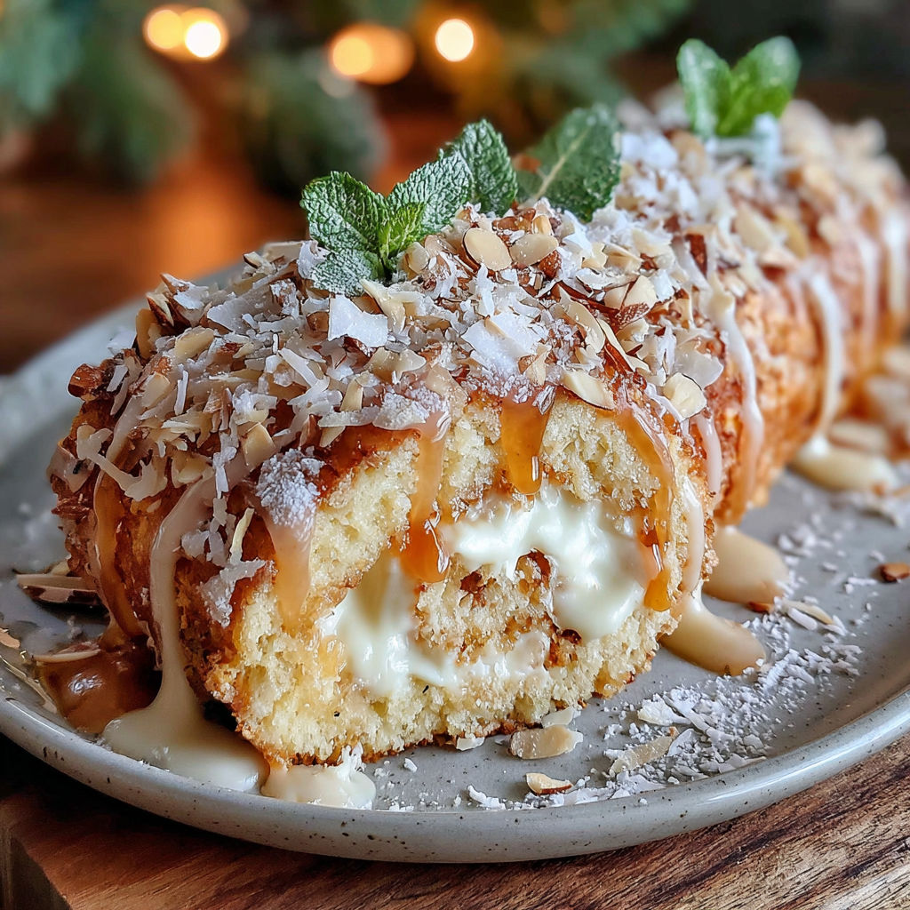 A delicious holiday toasted coconut and almond roulade.