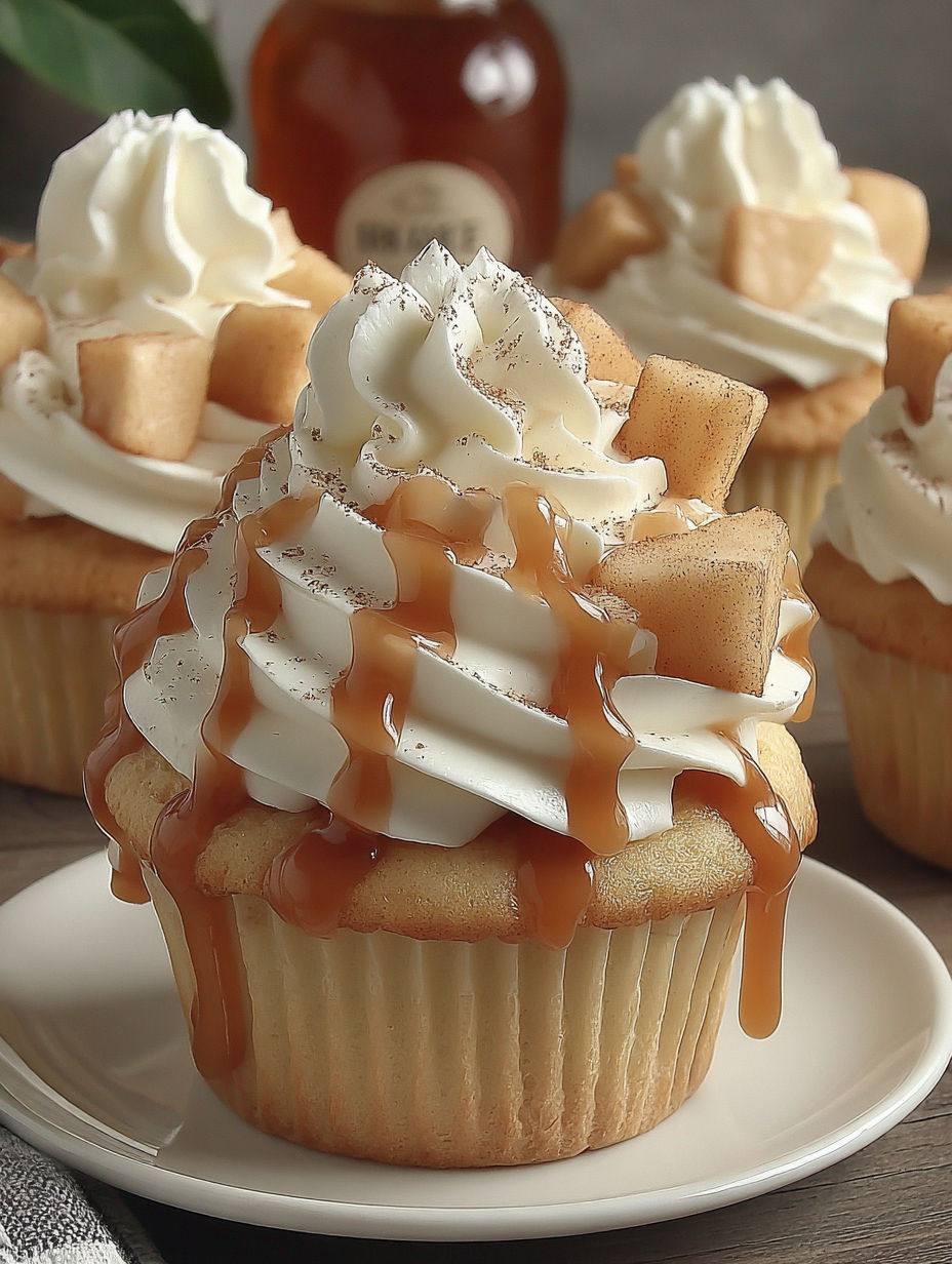 A cupcake with caramel sauce on top.