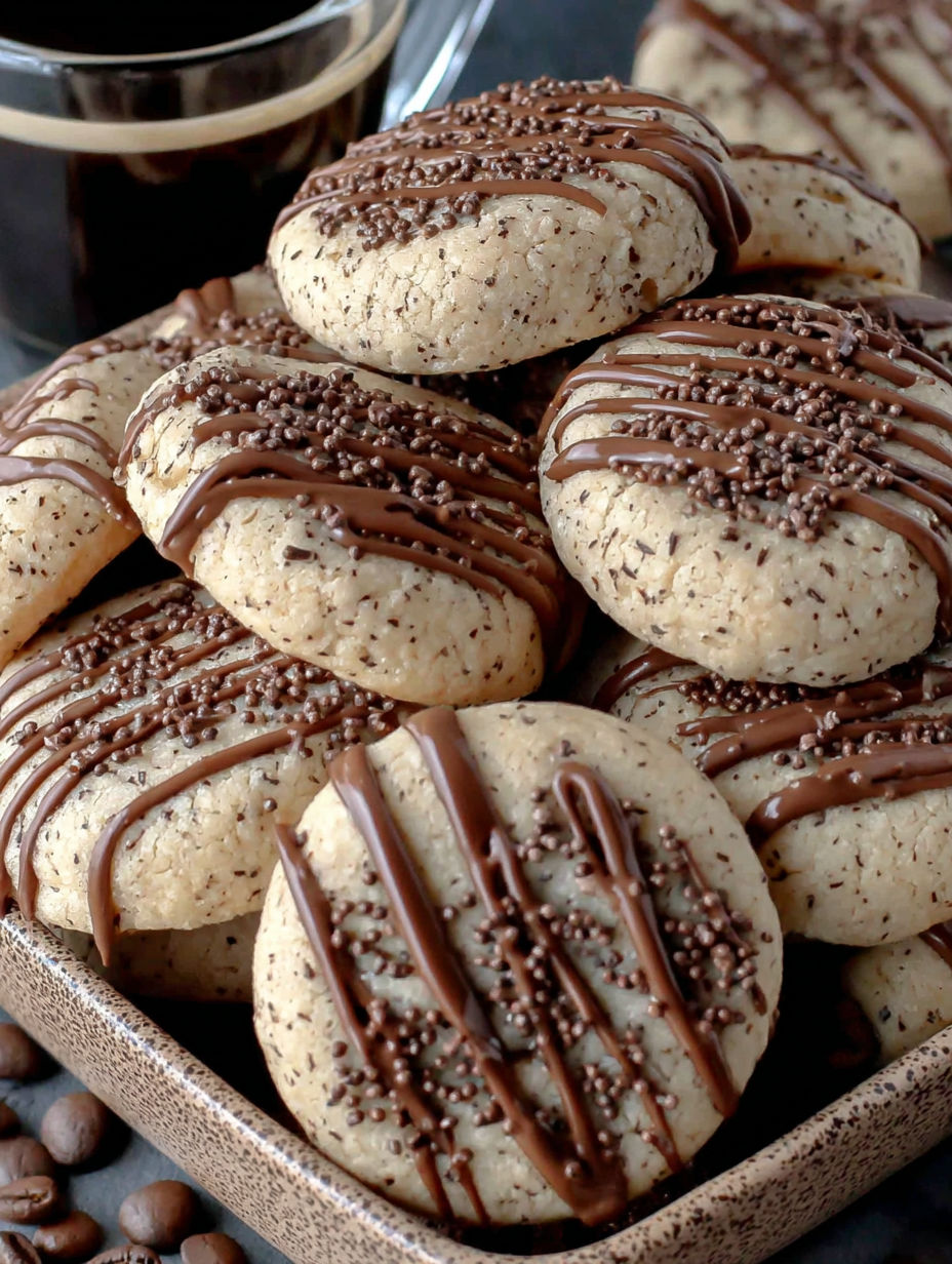 A plate of cookies with chocolate drizzle.