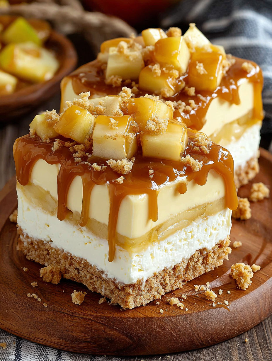 A slice of Karamell-Apfel-Käsekuchen-Riegel Einfach und Lecker.