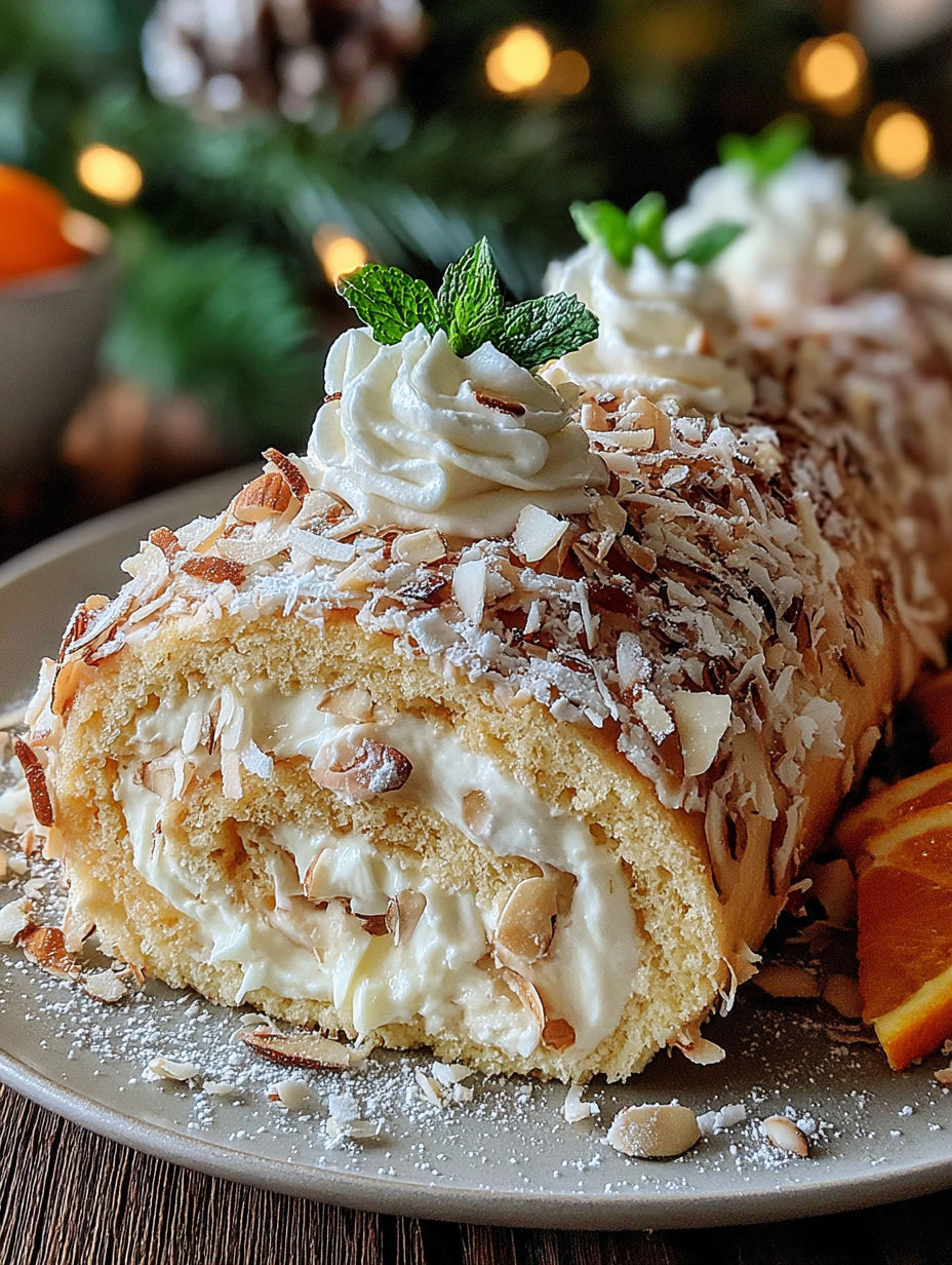 A delicious holiday toasted coconut and almond roulade.