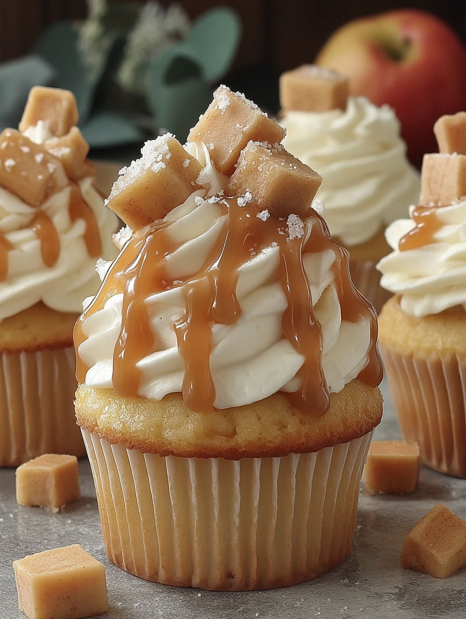 A cupcake with caramel sauce and topped with a marshmallow.