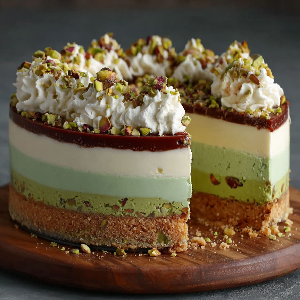 A slice of pistachio cheesecake on a wooden board.