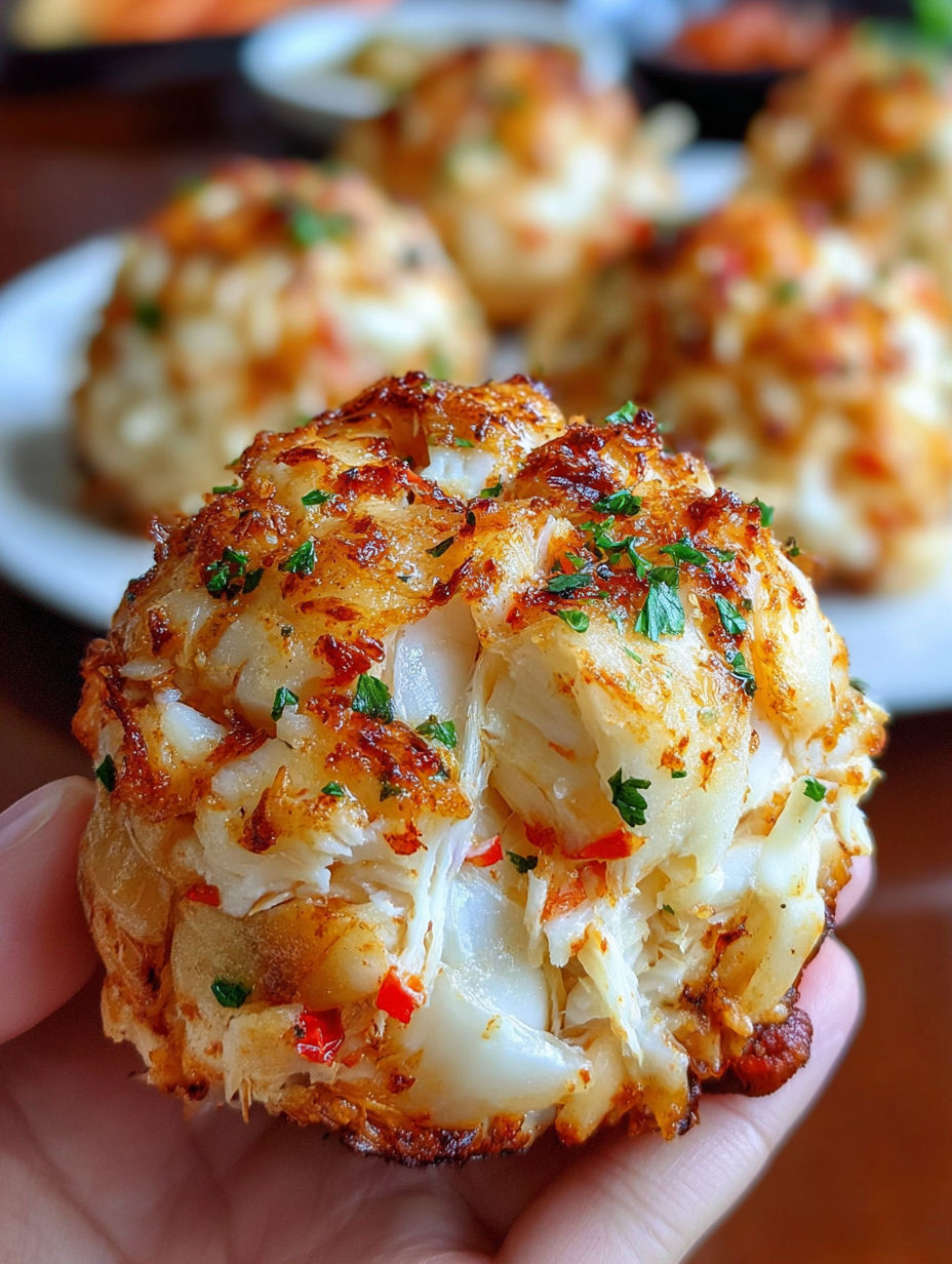 A person is holding a piece of food that looks like a crab.