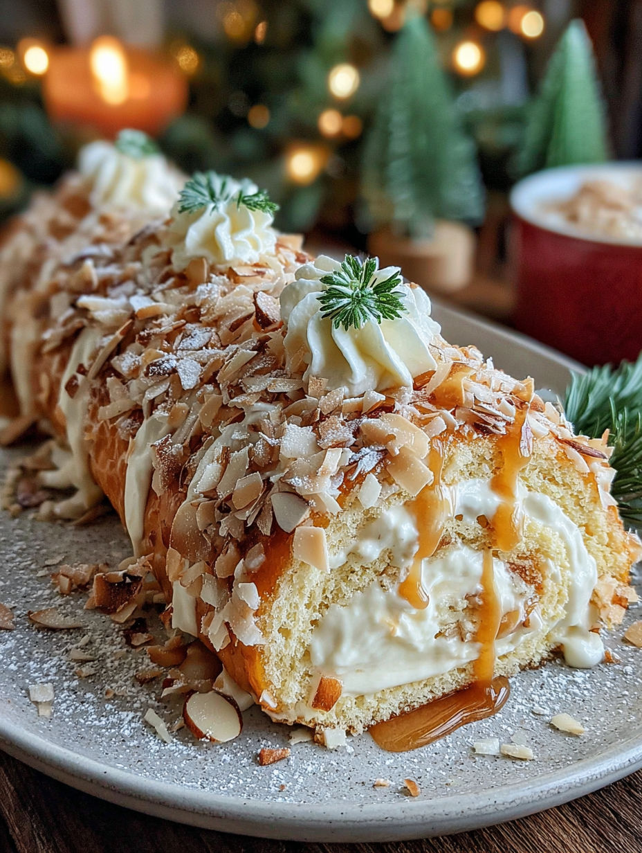 A delicious holiday toasted coconut and almond roulade.