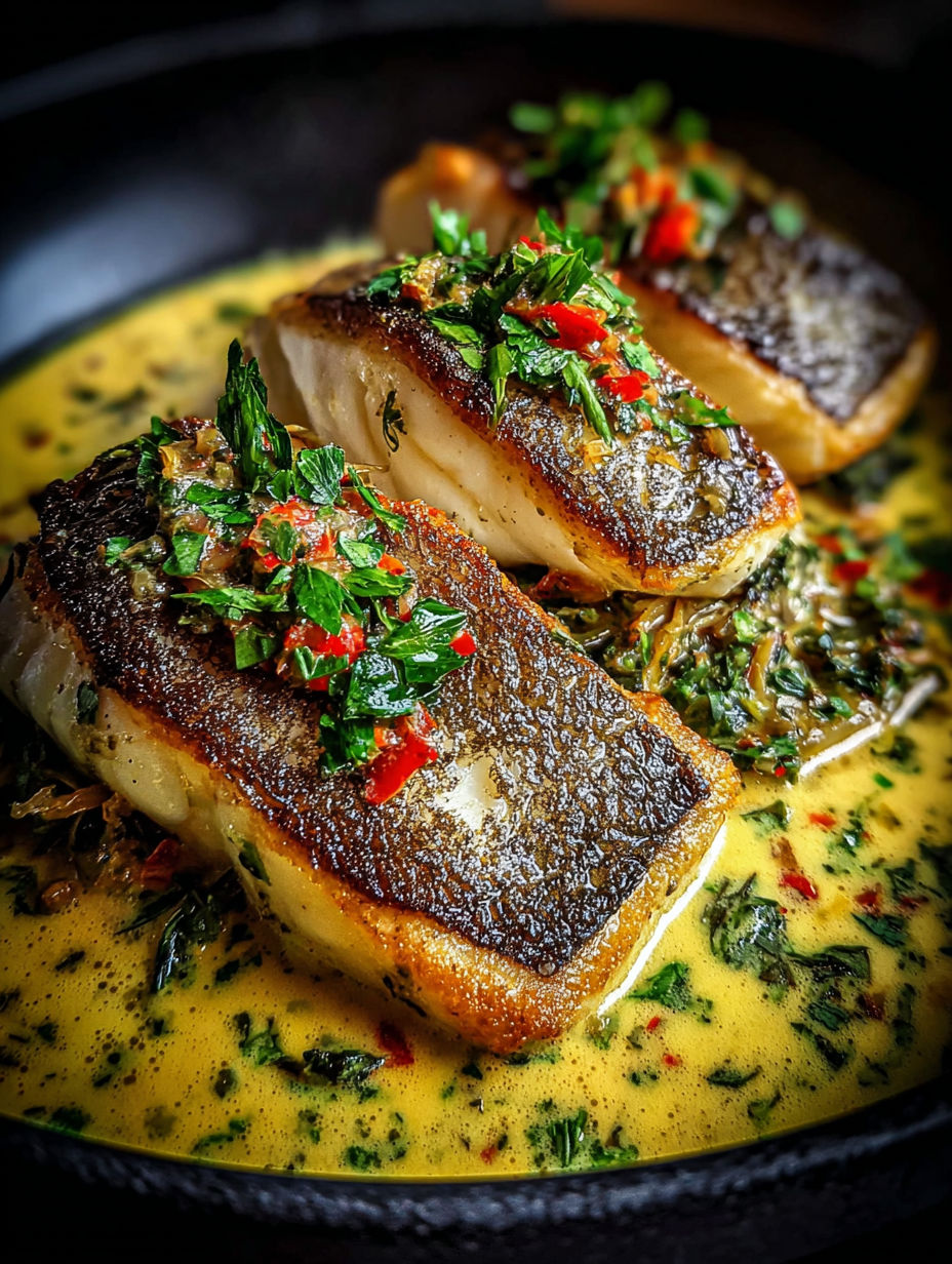 A plate of fish with a creamy sauce.