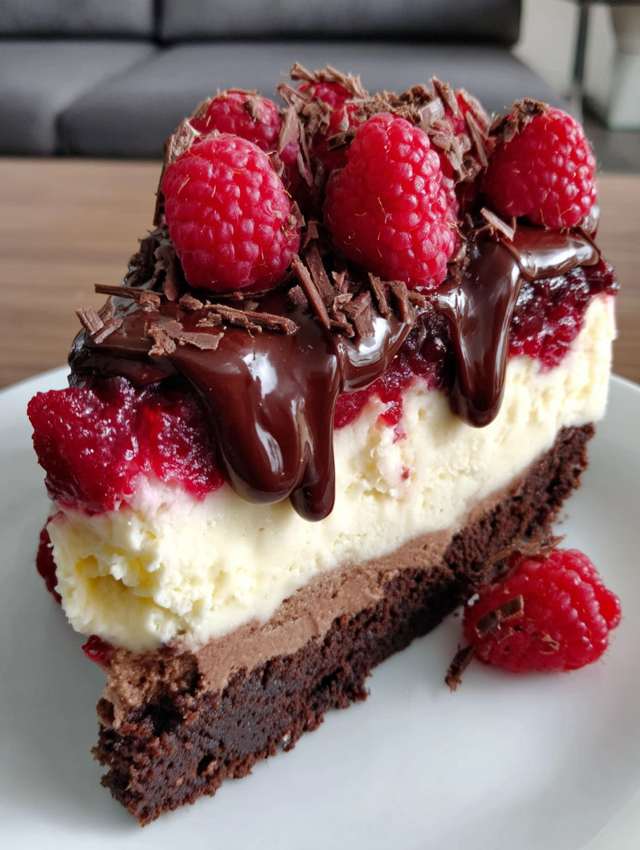 A slice of dark chocolate raspberry cheesecake.