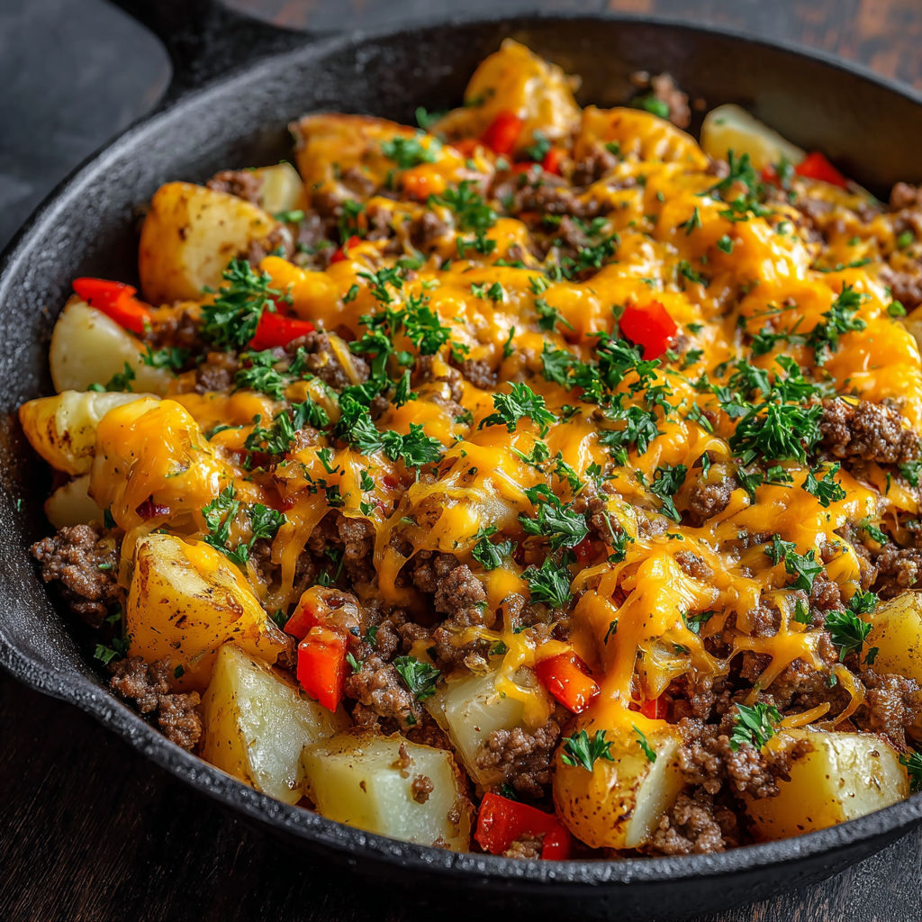 A skillet of potatoes and meat.