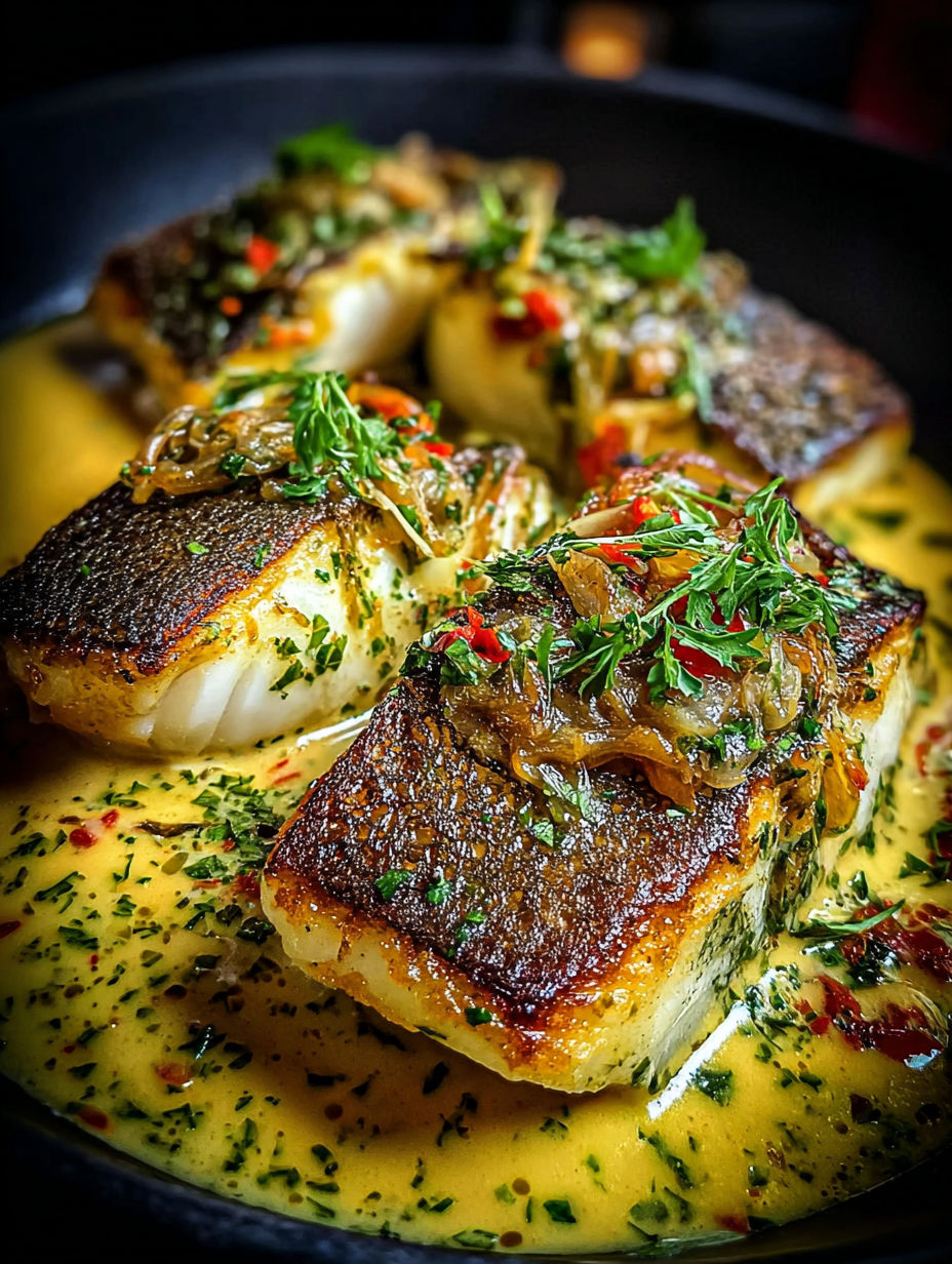 A plate of fish with a creamy sauce.
